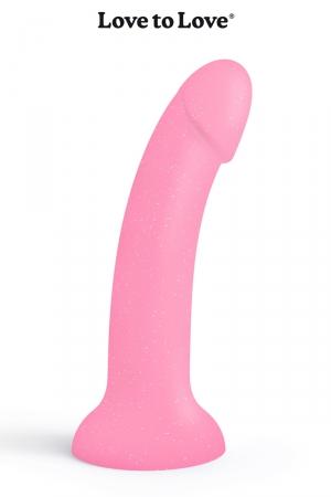 Dildo haute qualité, rose à paillettes, en  silicone liquide, dimensions 14 x 3,6 cm, Compatible avec les harnais O ring.