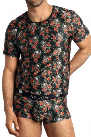 T-shirt sexy pour homme fabriqué en Tissu doux imprimé de crânes et roses esprit RocknRoll par la marque Anaïs For Men en Europe