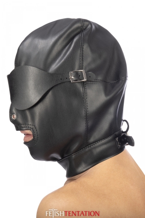 Cagoule BDSM haute qualité en simili cuir, avec bandeau pour les yeux amovible et ouverture permanente pour la bouche.
