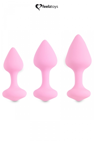  Kit de 3 Plugs Anal 100% silicone de tailles différentes, pour découvrir le sexe anal ou varier les sensations, par FeelzToys.