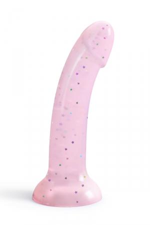 Dildo haute qualité, rose transparent à étoiles multi-color, en  silicone liquide, 14 x 3,6 cm, Compatible avec les harnais O ring.