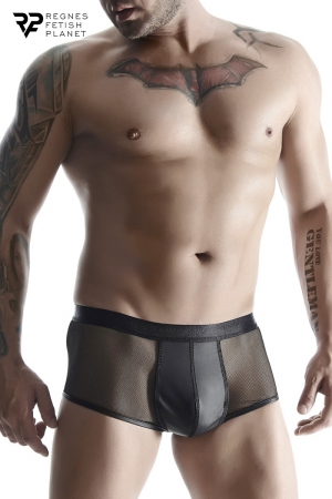 Boxer noir en résille  et wetlook brillant pour homme de chez Regnes Fetish Planet, parfait pour un look sexy.