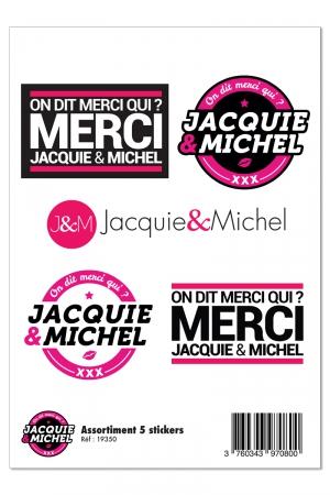 Planche de 5 autocollants Jacquie & Michel officiels différents à coller où vous voulez.