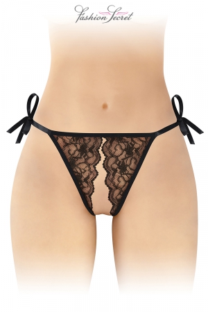 String ouvert Stella noir de chez Fashion Secret, string sexy en dentelle largement ouvert et à nouer