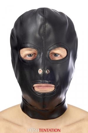 Cagoule Fetish SM haute qualité en faux cuir, laissant la bouche et les yeux visibles.