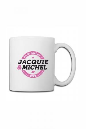 Voici le mug officiel du site Jacquie et Michel, modèle blanc, Logo rond x 2.