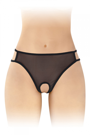 Culotte coquine noire en résille transparente, ouverte entre les cuisses et sur le bas des fesses, par Fashion Secret.