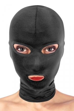 Cagoule BDSM avec 3 ouvertures pour profiter de la bouche de votre soumis, tout en le laissant mater et cacher son identité.
