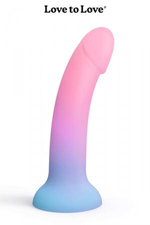 Dildo haute qualité, couleur féérique dégradée, en  silicone liquide, dimensions 14 x 3,6 cm, Compatible avec les harnais O ring.