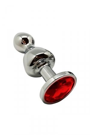 Plug anal / rosebud en métal 8,5 x 2,8 cm, avec double boule spéciale sensations et bijou strass rouge à sa base.