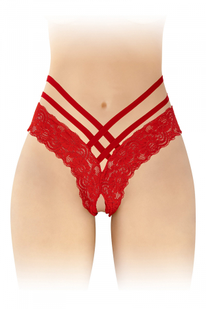 Tanga coquin rouge en dentelle et ornements croisés, ouvert entre les cuisses, par Fashion Secret.