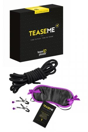 Jeu pour adultes spécial domination et soumission contenant 6 cartes défis détaillées et 3 accessoires de bondage.