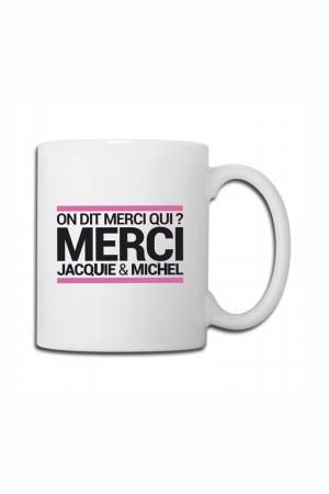 Voici le mug officiel du site Jacquie et Michel, modèle blanc, logo rectangulaire x 2.
