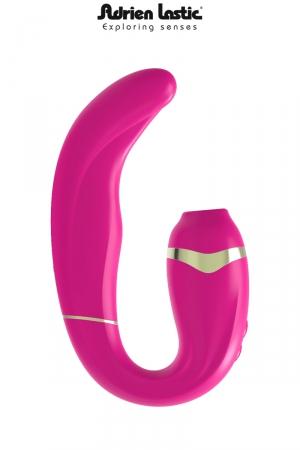 Double stimulation par succion sur le clitoris + stimulation du vagin (point G) par vibrations et tapotements (coloris rose).