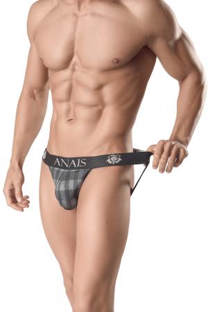 Jock Strap sexy pour homme fabriqué en tissu doux imprimé de rectangles gris aux reflets vert de tons différents par la marque Anaïs For Men en Europe