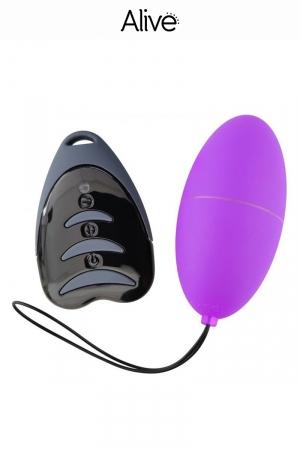 Petit oeuf vibrant télécommandé violet, puissant et silencieux pour se faire plaisir en solo ou en couple, marque Alive.