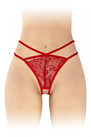 String coquin rouge en dentelle et ornements croisés, ouvert entre les cuisses, par Fashion Secret.