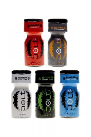 5 poppers Made in France à base de propyle, parfum coco, amande, framboise, menthe et eucalyptus.