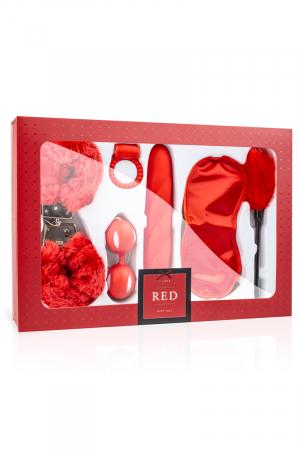 Coffret cadeau avec 6 accessoires coquins : menottes, bandeau, plumeau, boules de Geisha, vibro et cockring vibrant.