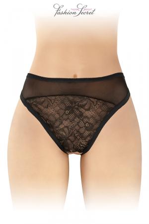 Tanga Ava noir, sexy et coquin en fine dentelle et décor floral ouvert au niveau de lentre jambes par fashion Secret