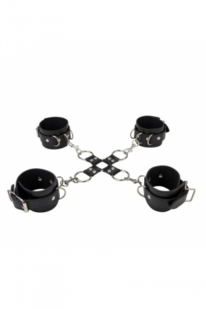 Set Hog Tie haute qualité  avec menottes cuir et métal pour lier poignets et chevilles de votre soumis (e).