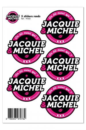 Planche de 5 autocollants ronds avec logo noir Jacquie & Michel (dimensions 5 x 8 cm) à coller où vous voulez.