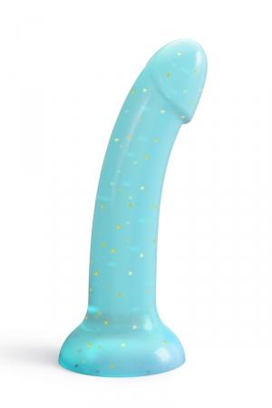 Dildo haute qualité, bleu transparent à étoiles dorées, en  silicone liquide, 14 x 3,6 cm, Compatible avec les harnais O ring.