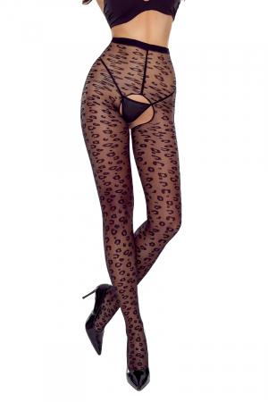 Paire de collants ouverts en voile noir décoré de motifs esprit animal noir.