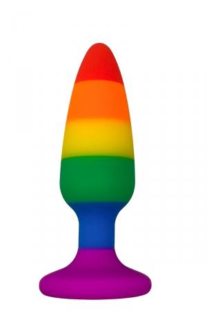 Plug anal en silicone taille medium 11 x 2,9 cm, doté d'une ventouse puissante, aux couleurs du Raimbow flag LGBTQ+.