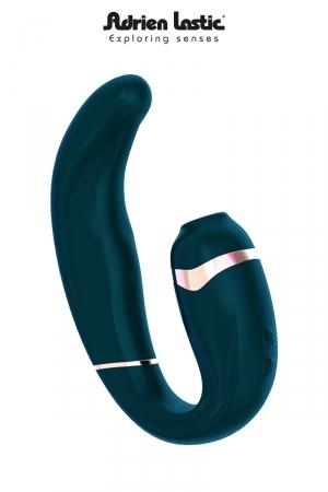 Double stimulation par succion sur le clitoris + stimulation du vagin (point G) par vibrations et tapotements (coloris vert).