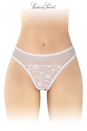 Tanga Ava blanc, sexy et coquin en fine dentelle et décor floral ouvert au niveau de lentre jambes par fashion Secret