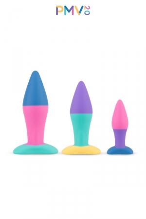 3 Butt plugs fun et colorés de tailles différentes pour s'initier en douceur au plaisir anal.