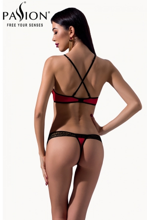 Ensemble de lingerie composé d'un soutien-gorge et d'un string en dentelle noire et tissu rouge effet satin, par Passion.