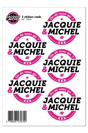 Planche de 5 autocollants ronds avec logo blanc Jacquie & Michel (dimensions 5 x 8 cm) à coller où vous voulez.