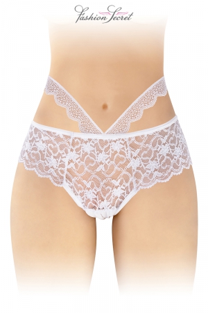 Culotte blanche ouverte sexy en fine dentelle avec ornements au niveau des hanches fabriquée par la marque Fashion Secret