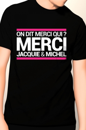 Tee-shirt officiel (visuel 10, noir) à l'effigie de  Jacquie & Michel, votre site amateur préféré.