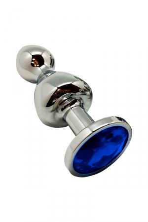 Plug anal / rosebud en métal 9,4 x 3,1 cm, avec double boule spéciale sensations et bijou strass bleu à sa base.