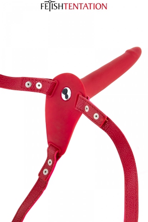 Gode ceinture rouge vibrant (10 modes), rechargeable par USB, dimensions gode 15,5  x 3 cm, pour homme et femme.