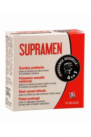 Stimulant sexuel à action immédiate. Renforce la puissance sexuelle, améliore l'érection et retarde l'éjaculation. Boite de 10 gélules.