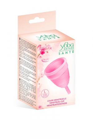 Coupe menstruelle 100% silicone Premium, coloris rose, disponible en 2 tailles, par Yoba Nature.
