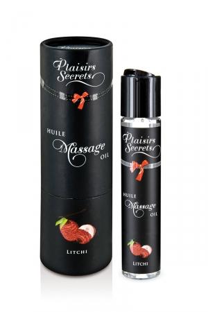 Huile de massage comestible avec goût litchi exquis, par Plaisirs Secrets.