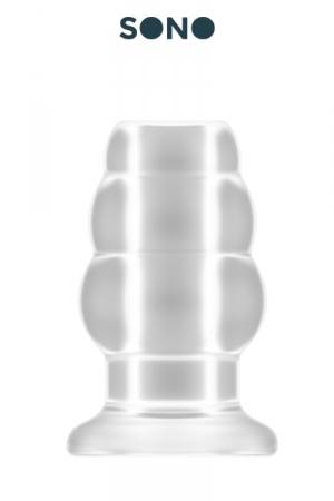 Petit plug anal translucide, creux au milieu, 7,7 cm de long par 4,3 cm de diamètre maxi.