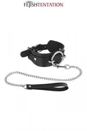 Collier BDSM large et sobre, avec sa laisse assortie pour garder votre soumis(e)sous contrôle, marque Fetish Tentation.