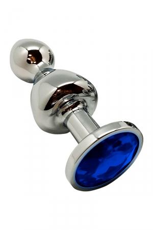 Plug anal / rosebud en métal 10,5 x 3,5 cm, avec double boule spéciale sensations et bijou strass bleu à sa base.