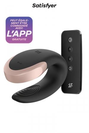 Double vibromasseur de luxe pour couples en silicone et métal avec télécommande sans fil et commande par smartphone. Coloris noir.