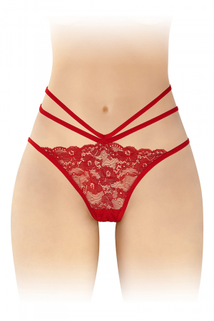 Culotte coquine rouge, en dentelle et ornements, offrant largement la vue sur les fesses, par Fashion Secret.