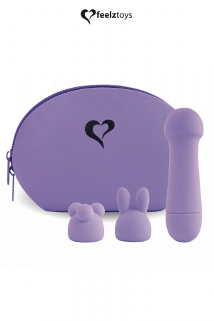 Mini vibromasseur avec 2 embouts de stimulation supplémentaire en silicone, le tout dans un joli sac, par Feelztoys.