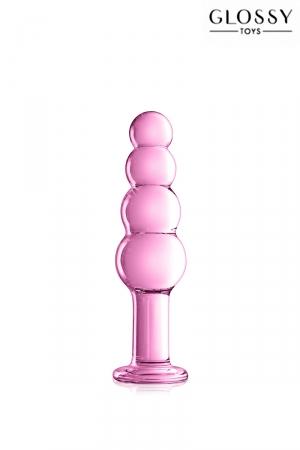 Dildo en verre incassable rose translucide, dimensions 18,5 x 5 cm, spécialement adapté au plaisir anal.