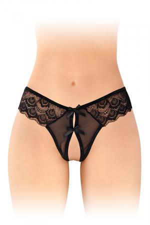 String coquin noir en dentelle, largement ouvert au niveau du pubis, pour ne laisser aucun doute sur vos intentions.