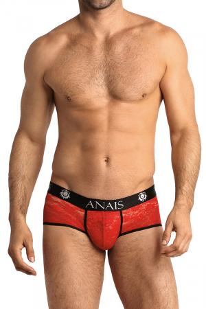 Shorty sexy en dentelle rouge transparente, fabriqué en Europe par Anaïs For Men.